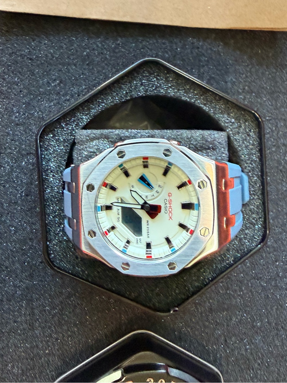 G-Shock Stainless Steel Bezel Watch - White Dial, Blue & Red Accents